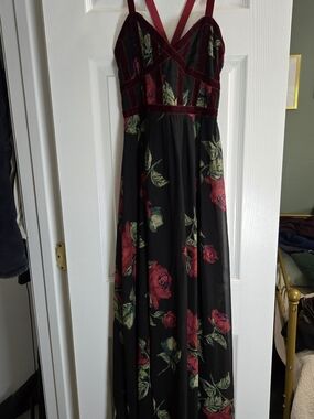 Altar'd State Black Maxi Dress with Red Rose Print and Burgundy Velvet Trim